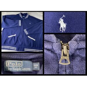 Polo Ralph Lauren Men's 5XB Sweater Full Zip 1990s Preppy Varsity Boxy Navy Pony